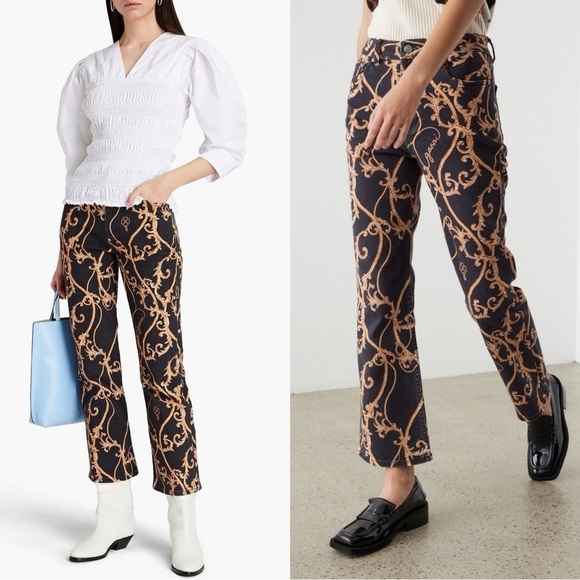 GANNI 90s Baroque Logo Print Denim High Rise Cropped Bootcut Flare Leg Jeans 26 - Picture 4 of 16